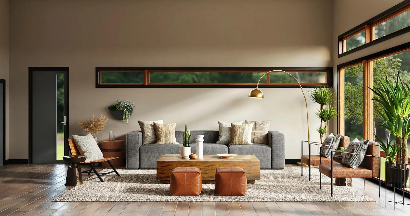 Bright minimal interior with a long wooden table and chairs