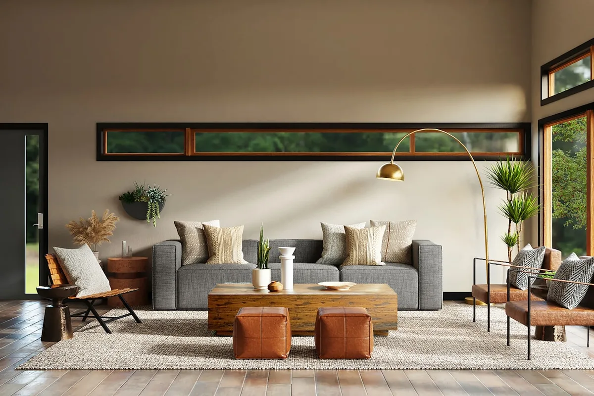 Bright minimal interior with a long wooden table and chairs